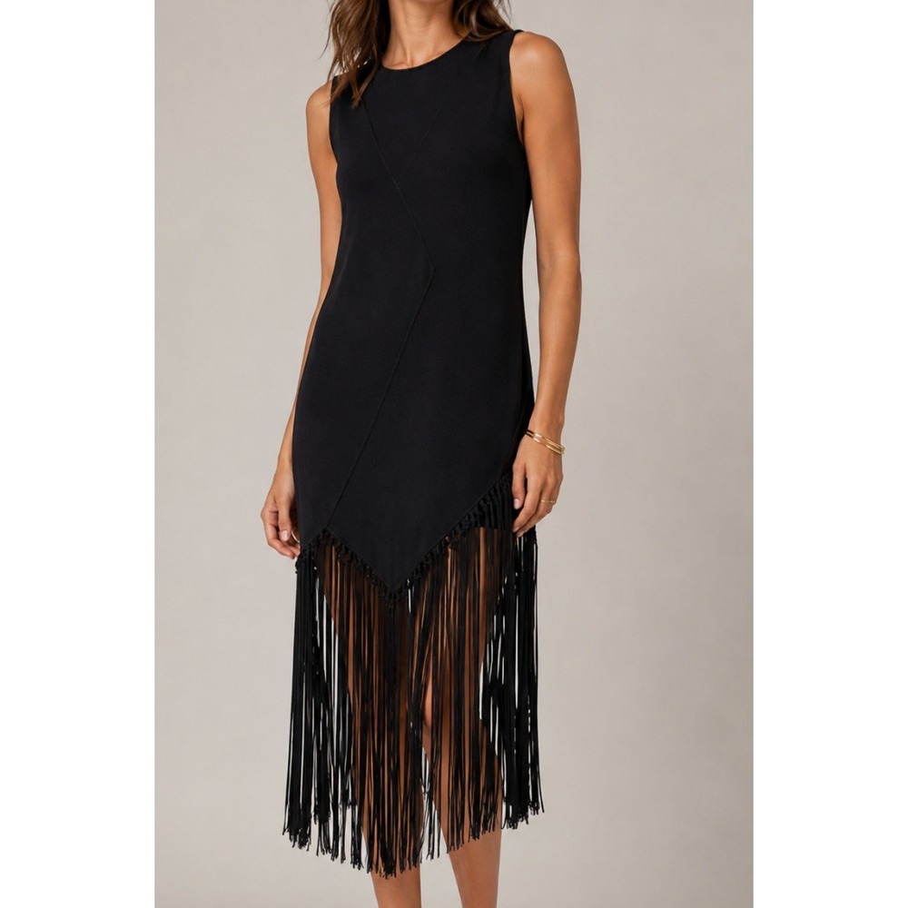 NEW Worth New York Black Extended Fringe Tabard Sleeveless Knit Tunic Top Small